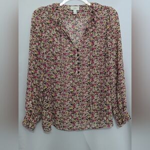 LOFT Multicolor Button Up Long Sleeve Floral Blouse Size Large